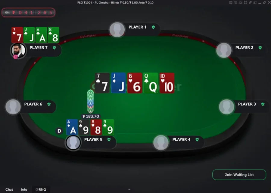 Two players in a Pot Limit Omaha cash game showdown, where one player wins with a straight (7-8-9-T-J), and the other player loses with two pair (J-J-7-7-Q).